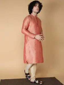 NAMASKAR Ethnic Motifs Woven Design Mandarin Collar Silk Kurta