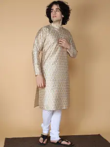NAMASKAR Ethnic Motifs Woven Design Mandarin Collar Silk Kurta