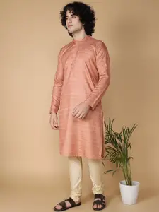 NAMASKAR Striped Woven Design Mandarin Collar Silk Kurta