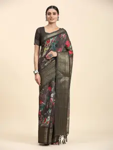 RACHNA Floral Printed Zari Linen Blend Saree