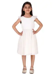 Miyo Girls Round Neck Flutter Sleeves Cotton Fit & Flare Dress