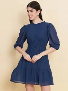 RAASSIO Puff Sleeve Tiered Fit & Flare Dress