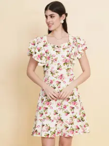 RAASSIO Floral Printed Flutter Sleeve Cotton A-Line Dress