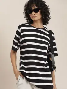Difference of Opinion Striped Oversized Pure Cotton Drop-Shoulder Sleeves T-shirt
