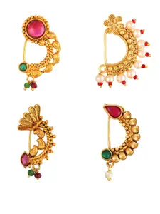 Vighnaharta Set Of 4 Gold-Plated Stone-Studded & Beaded Ring Nosepins