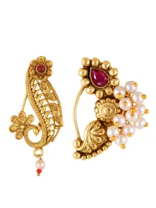 Vighnaharta Set Of 2 Gold-Plated Stone Studded & Pearls Beaded Ring Nosepins