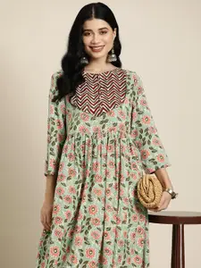HERE&NOW Women Green & Peach-Coloured Floral Printed Floral Kurta