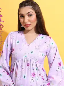 Vishudh Floral Printed V-Neck Flared Sleeves A-Line Kurta