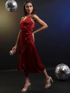 Tokyo Talkies Ruched Women Satin Overlapping Midi Length Strappy Satin Dress