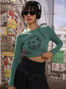 Tokyo Talkies Green Graphic Printed Fitted Crop Top