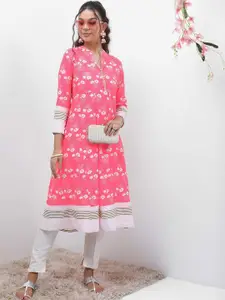 Vishudh Floral Printed Mandarin Collar A-Line Cotton Kurta
