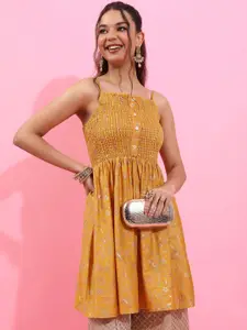 Vishudh Yellow Floral Embroidered Sequinned A-Line Kurti