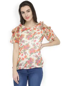 Ayaany Women White Floral Printed Blouson Cold-Shoulder Top