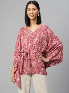 Ayaany Ethnic Print Flared Sleeves Ethnic Cotton Kaftan Longline Top with Tie-Ups Detail