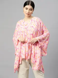 Ayaany Floral Print Flared Sleeves Cotton Kaftan Longline Top with Tie-Ups Detail