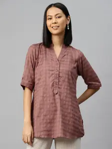 Ayaany Checked Mandarin Collar Cotton Shirt Style Longline Top