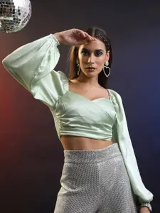 Tokyo Talkies Green Sweetheart Neck Puff Sleeves Crop Top