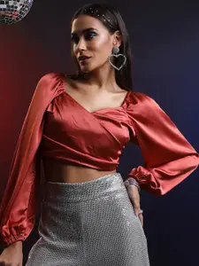 Tokyo Talkies Rust Sweetheart Neck Puff Sleeves Crop Top