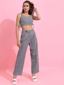 Tokyo Talkies Black Checked Lace Detail Pure Cotton Crop Top With Trousers