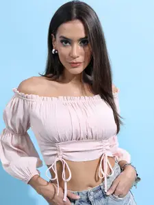 Tokyo Talkies Peach Off-Shoulder Gathered Puff Sleeves Ruched Bardot Crop Top