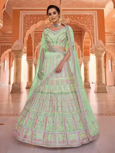 ODETTE Embroidered Mirror Work Semi-Stitched Organza Lehenga & Unstitched Blouse & Dupatta