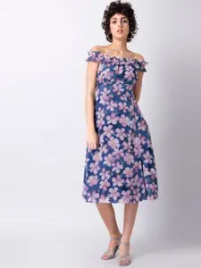 FabAlley Blue, Pink & White Floral Printed Off-Shoulder Fit & Flare Dress