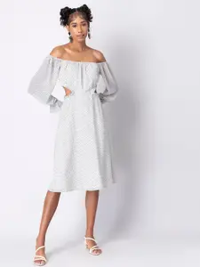 FabAlley Striped Off-Shoulder Puff Sleeve Georgette A-Line Midi Dress