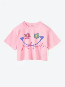Mast & Harbour Girls Pink Floral Printed Pure Cotton Boxy T-shirt