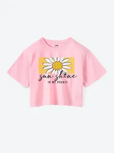 Mast & Harbour Girls Pink Floral Printed Pure Cotton Boxy T-shirt
