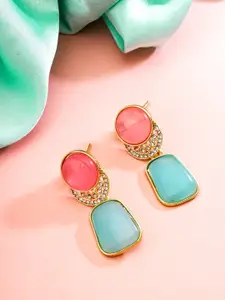 aadita Gold-Plated Geometric Stone Studded Drop Earrings
