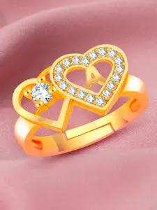MEENAZ Gold-Plated Cubic Zirconia Alphabet A Adjustable Ring