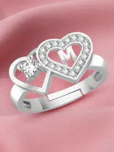 MEENAZ Silver-Plated Cubic Zirconia Studded Alphabet M Adjustable Ring