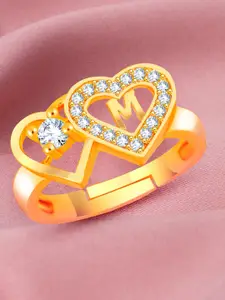 MEENAZ Gold-Plated Cubic Zirconia Studded Alphabet M Adjustable Ring
