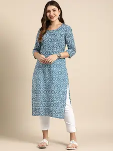 Anouk Ethnic Motifs Printed Indigo Pure Cotton Straight Kurta Kurta
