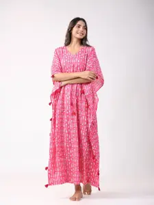 JISORA Pink & White Printed Pure Cotton Kaftan Maxi Nightdress