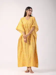 JISORA Yellow Geometric Printed Pure Cotton Maxi Kaftan Nightdress