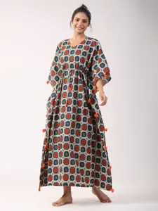JISORA Grey, Red & Blue Geometric Printed Pure Cotton Maxi Kaftan Nightdress