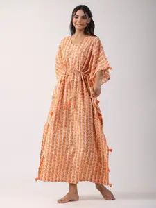 JISORA Orange Geometric Printed Pure Cotton Maxi Kaftan Nightdress