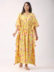 JISORA Yellow Floral Printed Pure Cotton Kaftan Maxi Nightdress