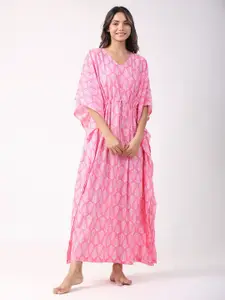 JISORA Pink Floral Printed Pure Cotton Kaftan Maxi Nightdress