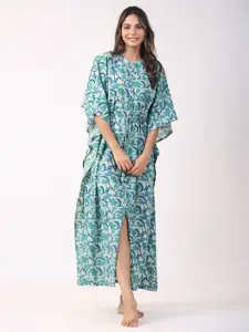 JISORA Blue Floral Printed Pure Cotton Maxi Kaftan Nightdress