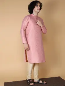 NAMASKAR Men Pink Floral Regular Pure Silk Kurta with Churidar