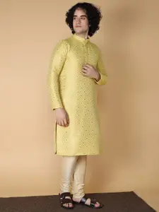 NAMASKAR Men Yellow Regular Pure Silk Kurta with Churidar