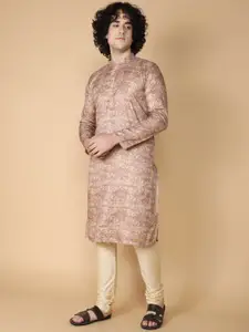 NAMASKAR Men Maroon Printed Regular Pure Silk Kurta with Churidar