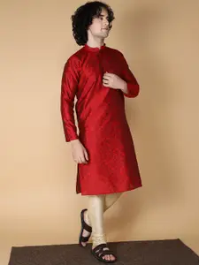 NAMASKAR Men Maroon Regular Pure Silk Kurta with Churidar