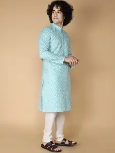 NAMASKAR Men Blue Embroidered Regular Pure Silk Kurta with Churidar