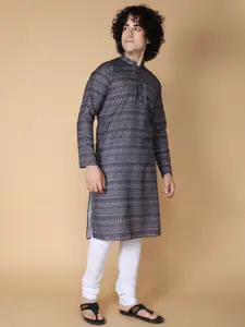 NAMASKAR Men Blue Printed Regular Pure Cotton Kurta with Churidar
