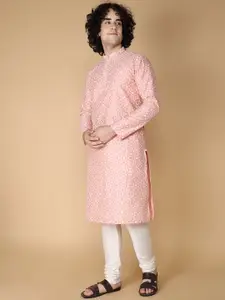 NAMASKAR Men Pink Floral Embroidered Regular Pure Silk Kurta with Churidar