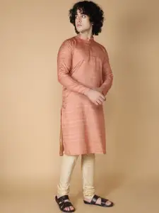 NAMASKAR Striped Band Collar Long Sleeves Kurta With Churidar
