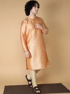 NAMASKAR Men Orange Printed Regular Pure Silk Kurta with Churidar